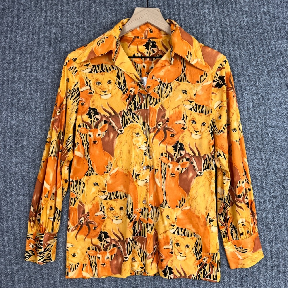 Vintage Elaine Sklar Safari Lion Antelope‎ Print Button Up Shirt Long Sleeve S
